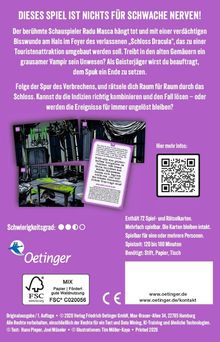 "Dieses Spiel ist nichts für schwache Nerven!" Text oben auf lila Hintergrund. Szene in dunklem Raum, Karten mit Texten. Logo von Oetinger unten. QR-Code rechts.