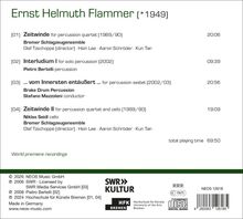 Ernst Helmuth Flammer (*1949); vier Musikstücke für Schlagzeug und Cello mit Gesamtspieldauer 69:50.