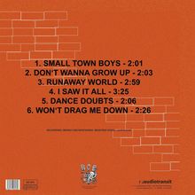 Trackliste mit Titeln und Zeiten auf orangefarbenem Hintergrund. Weiße Linien formen Ziegelmuster. Logo unten.