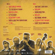 Es ist ein Album-Cover mit Titelliste von "Side A" und "Side B", darunter Künstlernamen und Instrumente. Retro-Foto von Musikern.