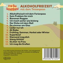 "Frog Bog Dosenband: Alkoholfreizeit mit dem Ferienpass" - Songliste mit 14 Titeln. Oben links ist ein Logo. Im Hintergrund Hügel.