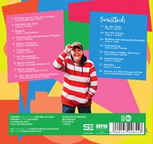 Trackliste mit Titeln wie "Schenk jedem Tag ein Lachen" und "Dream A Little Dream Of Me". Person in rot-weißem Streifenpullover.