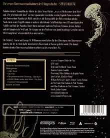 Deutsche Texte über ein bahnbrechendes Stummfilmprojekt zu Jules Verne mit Extras. Illustration: Quallen und Meerestier.