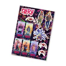 Der Text enthält Namen: Taylor, Amber, Liz, Jack, Bowman. "SKETCH" ist prominent. Darunter farbige Illustrationen und Figuren.