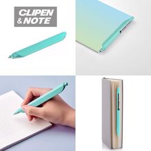 "CLIPEN & NOTE" in Großbuchstaben; ein türkisfarbener Stift in verschiedenen Anwendungen und Perspektiven gezeigt.