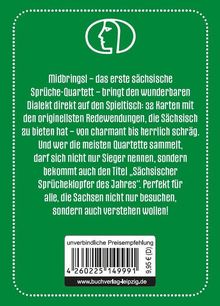 Grüner Hintergrund mit weißem Text: Beschreibung eines sächsischen Sprüche-Quartettspiels. Oben ein minimalistisches Logo.