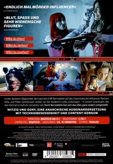 Texte: "ENDLICH MAL MÖRDER-INFLUENCER", "Willst du töten?", "Willst du sterben?", "Willst du zusehen?".  

Darstellung: Überlagerte Bilder von dramatischen Szenen und Charakteren.