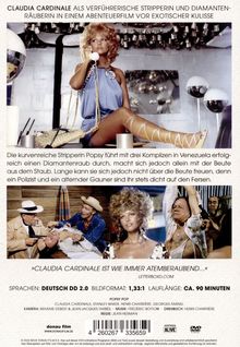 Oben: "CLAUDIA CARDINALE als verführerische Stripperin..."
Frau mit Locken telefoniert, trägt blaues Kleid. Darunter: Filmszene mit bewaffnetem Mann.