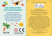Front: „Jeder Urlaub am Meer ist ein kleines Abenteuer!“ Rückseite: „Besuchen Sie uns im Internet: www.pattloch.de“. Bunte Illustrationen von Kamera, Palme, Fisch.