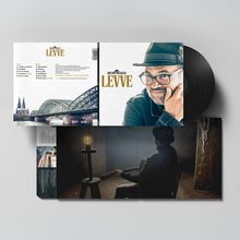 Text oben: "LEVVE". Rückseite einer Schallplatte mit Titelliste. Im Hintergrund der Kölner Dom und eine Brücke.