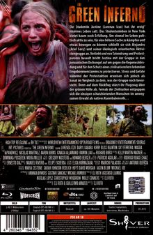 Ein schreiendes Mädchen im Schlamm. Oben: "The Green Inferno". Darunter eine Filmbeschreibung über Studierende im Dschungel.