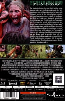 "The Green Inferno" Text über einer schreienden Frau, darüber bentextete Illustrationen, unten Details zur Blu-ray-Version.
