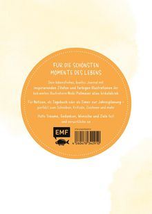 Kreisförmiges Design mit Text über ein farbenfrohes Journal für Notizen und Träume. Dazu ein Barcode und EMF-Logo.