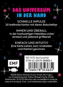 „Das Universum in der Hand“: 20 Karten, überall in Metallbox, einfach Klarheit gewinnen. Illustration mit Sternen.