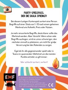 "Party-Spielspaß, der die Skala sprengt!" Ein Kartenspiel, Begriffe auf Skala von 1-10. Eingerahmt von bunten Linien, Kamera-Icon.