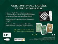 Text: "GEHT AUF EVOLUTIONÄRE ENTDECKUNGSREISE!" Beschreibung eines Spiels mit Karten und Spielblock. Enthält Logos.