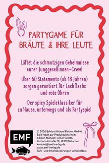 Logo "EMF" unten links, Text betont Partygame für Junggesellinnen, über 60 Statements ab 18 für Lachflashs und rote Ohren.