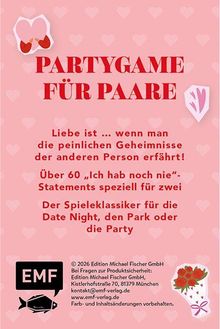 "PARTYGAME FÜR PAARE" steht in großen Buchstaben. Es gibt verspielte Illustrationen von Herzen und Blumen.