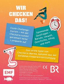 "Wir checken das!" Text auf buntem Hintergrund mit Illustrationen und Elementen wie einer Uhr und einem Gymnastikreifen.