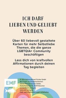 "ICH DARF LIEBEN UND GELIEBT WERDEN. Über 60 Karten für mehr Selbstliebe. Themen für die LGBTQIA+ Community."  
Unten links ein Logo mit bunten Wellen.