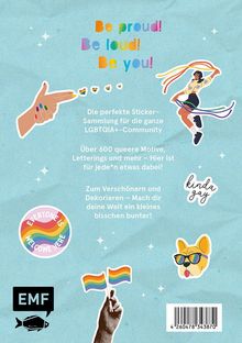 "Be proud! Be loud! Be you!" Auf blauem Hintergrund, bunte Sticker mit LGBTQIA+ Themen und fröhlichen Illustrationen.