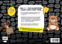 "Sag nein! zum klassischen 'Stadt, Land, Fluss'-Spiel; 🐻 Übellauniger Bär, übler Blick, Pferd wiegt Kopf skeptisch; EMF Logo."