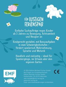 „Für lustigen Ferienspaß“ steht oben. Illustration mit Seerose, Schaf und Blumen. Text über kindgerechte Suchaufträge.