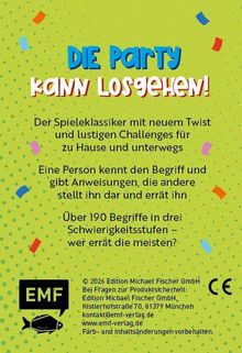 "Die Party kann losgehen!" steht oben. Der Text beschreibt ein Spiel mit Begriffen und Anweisungen. Bunter Hintergrund.
