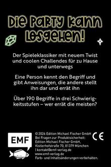 „Die Party kann losgehen!“ Spieleklassiker mit Twist für Zuhause und unterwegs. Über 190 Begriffe in drei Schwierigkeitsstufen. Unten links ein kleines Logo „EMF“ mit stilisierter Silhouette eines Fisches.