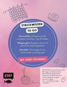 Text im Bild: „Strickwissen to go“. Unverzichtbar: 55 Karten mit Techniken. Alltagstauglich: kompakt. Soforthilfe: schnelle Suche.