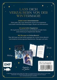 "Lass dich verzaubern von der Wintermagie. Orakel meets Adventskalender. Klappkarten mit Goldfolie."  
Drei Karten mit Wintermotiven, QR-Code, EMF-Logo.