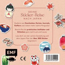 "Deine Sticker-Reise nach Japan" steht im Zentrum, umgeben von japanischen Motiven wie Sushi, Fächer, Berg und Laterne.