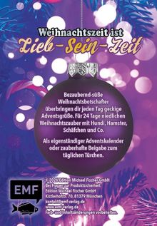 "Weihnachtszeit ist Lieb-Sein-Zeit." Eine violette Kugel mit Text schwebt vor einem lila Hintergrund mit Lichtern. Unten ein Logo.