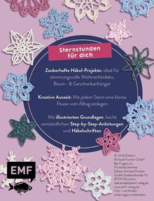 "Sternstunden für dich" in der Mitte, umgeben von farbigen Häkelsternen auf lila Hintergrund.