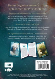 Text über Rauhnächte und Meditationen, Karten mit Goldfolie. Drei Karten mit Illustrationen von Frauen. Logo: "EMF".