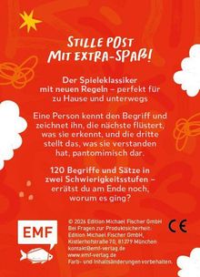 "Stille Post mit extra-Spaß!" Text in Rot auf orangem Hintergrund. Kreative Illustrationen und ein EMF-Logo sind zu sehen.