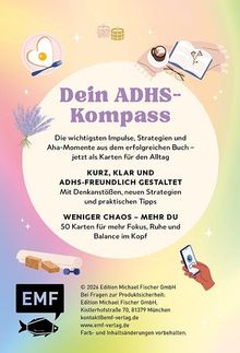 „Dein ADHS-Kompass: Impulse, Strategien aus Buch als Karten. Kurz, klar, ADHS-freundlich für Fokus, Ruhe.“ Illustration mit Objekten wie Notizbuch, Lavendel, Smartphone und Gebäck.