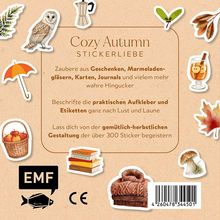 „Cozy Autumn Stickerliebe“ steht oben; darum sind herbstliche Sticker wie Eule, Regenschirm und Pilz auf beigefarbenem Hintergrund.