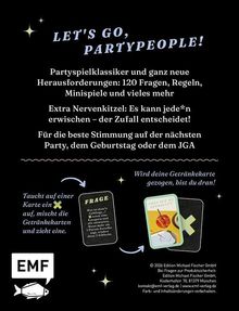 "LET'S GO, PARTYPEOPLE!" Partykarten mit Fragen und Minispielen für Stimmung. Illustration mit Karten und Text, Logo unten links.