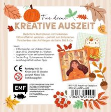 „Für deine kreative Auszeit“ ist in großen Buchstaben geschrieben. Es gibt herbstliche Illustrationen mit Blättern und Kürbissen.