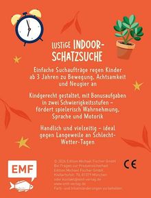 "Lustige Indoor-Schatzsuche" steht im Vordergrund. Illustration mit Wecker, Pflanzen und herbstlichen Blättern.