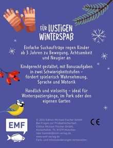 Text: "FÜR LUSTIGEN WINTERSPASS. Einfache Suchaufträge regen Kinder ab 3 Jahren zu Bewegung, Achtsamkeit und Neugier an."

Illustration mit winterlichen Elementen wie Handschuhe, Zweige, Vögel und Schneeflocken.