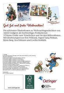 "God Jul und frohe Weihnachten! Oetinger, Astrid Lindgren Company." Oben sind Weihnachtsillustrationen, unten spielende Kinder.