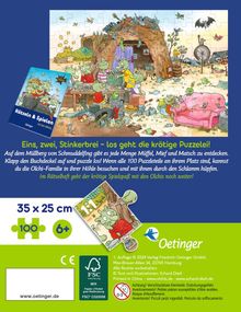 "Eins, zwei, Stinkerbrei – los geht die krötige Puzzelei!" Lustiges Olchis-Motiv auf einem Puzzle, empfohlen ab 6 Jahren.