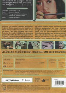 "Gefährlich, verführerisch, unaufhaltsam: Cleopatra Wong". Beschreibung eines Films mit Agentin Cleopatra Wong und Extras.