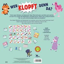 "WER KLOPFT DENN DA?" mit Tierillustrationen von Fuchs, Lama, Flamingo und Salamander; Spielkarten verteilt.