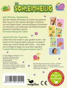 „Inhalt: 87 Karten, 1 Spielanleitung“ und kurz danach „Ein freches Stichspiel ab 7 Jahren“. Illustrationen von Schnecken und Karten.