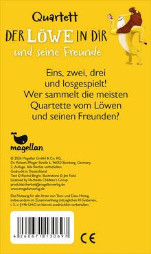 "Quartett DER LÖWE IN DIR und seine Freunde. Wer sammelt die meisten Quartette? Illustration eines Löwen mit Brille."