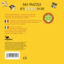 "Das Puzzle der Löwe in dir" steht oben. Drei kurze Texte in Deutsch, Französisch und Italienisch beschreiben ein Puzzle-Abenteuer. Ein rundes Logo sagt "Hergestellt in Deutschland" und zeigt, dass Klebepunkte bitte aufbewahrt werden sollen. Zwei kleine Tierabbildungen sind sichtbar.