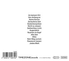 An keinem Ort, Von Anfang an, Keine Sonne, Zerlaufene Zeit, Gedankenpolizei, TIMEZONE records Logo. Strichcode.